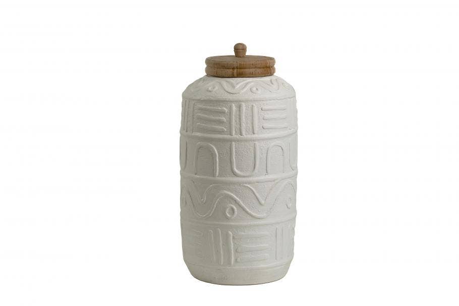 White ceramic pot with wooden lid L